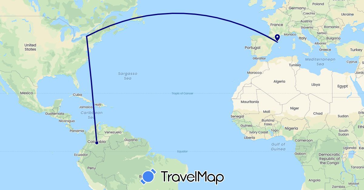 TravelMap itinerary: driving in Canada, Colombia, Spain (Europe, North America, South America)